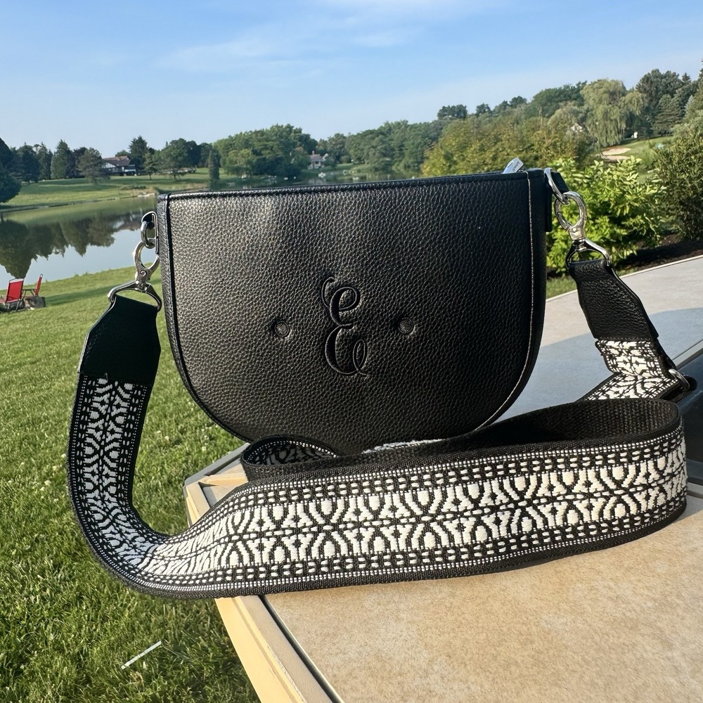 Thirty-One 31 Jewell Half Moon Black Monogramed Purse Crossbody Handbag "E"